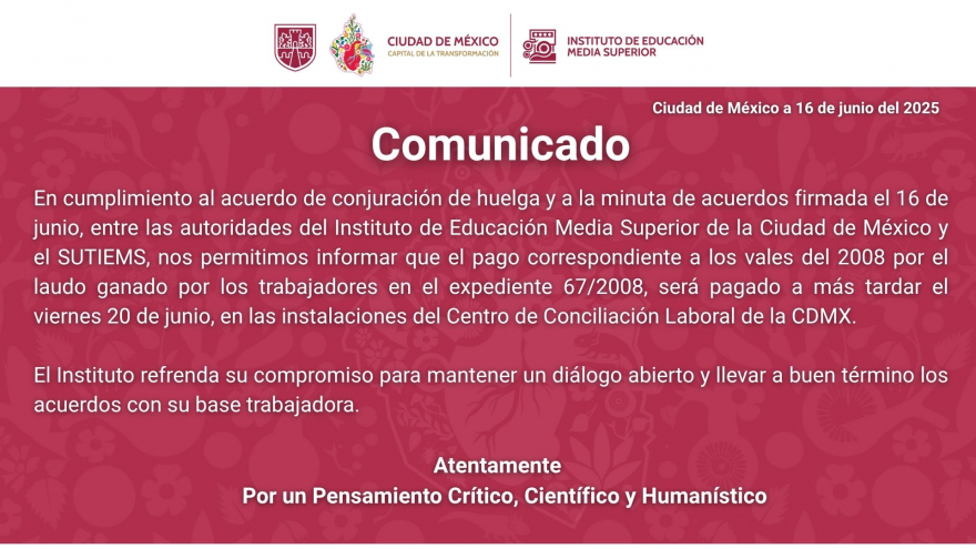 Comunicado sobre acuerdo IEMS-SUTIEMS